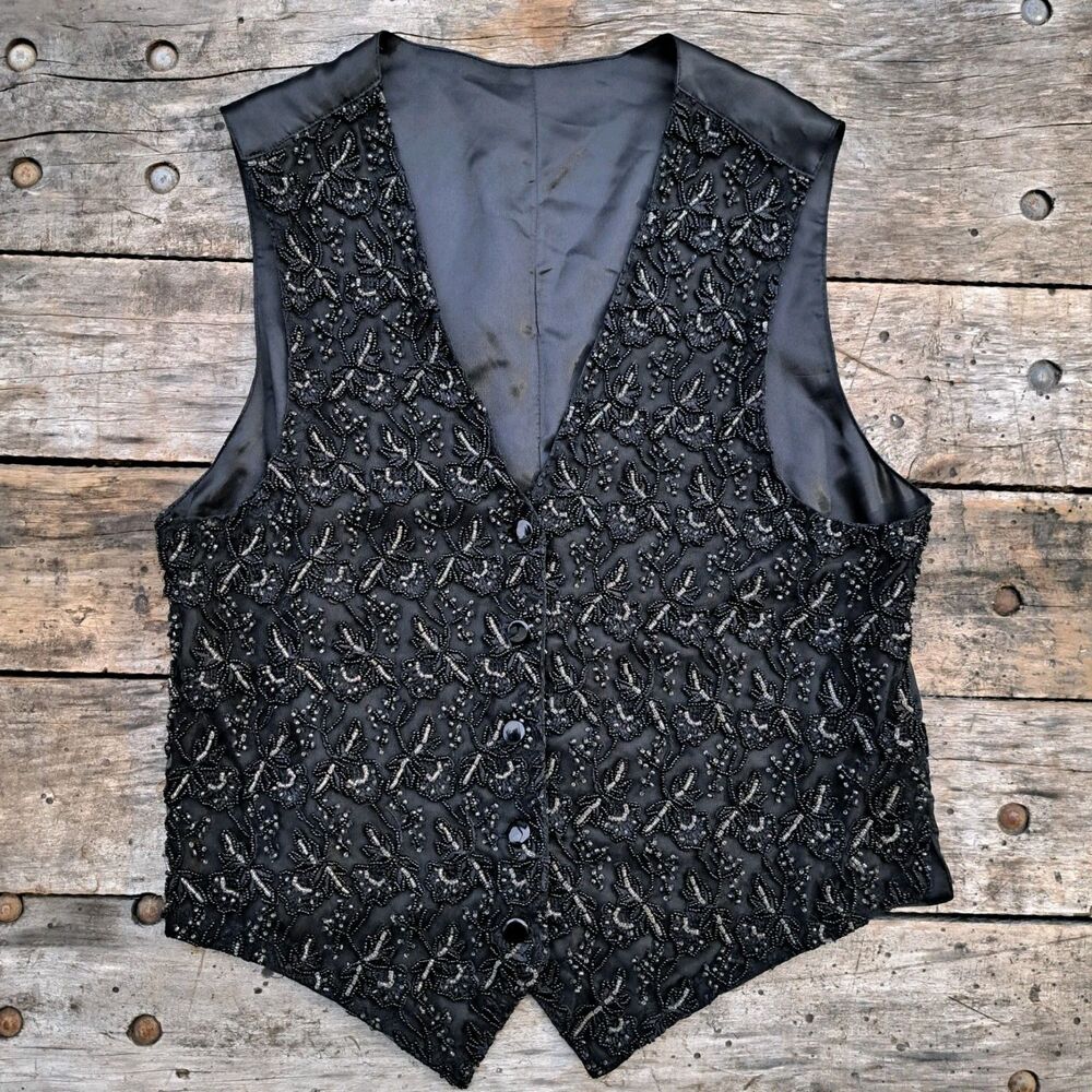 Vintage Large Women's Anne Tjian for KENAR Black Hand-Beaded Vest Sleeveless Top
